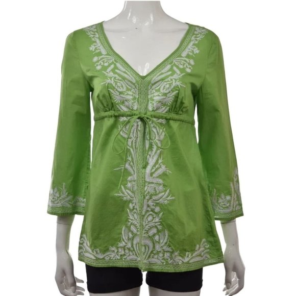 Michael Kors Tops - MIchael Kors Long Sleeve Green Tunic Peasant Embroidered Top L
